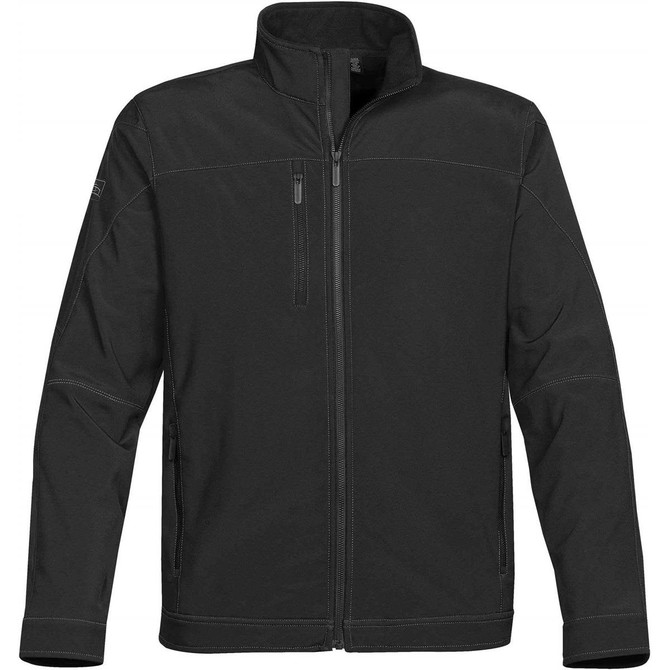 A black soft shell jacket with a zippered front, side pockets, and a logo on the sleeve.