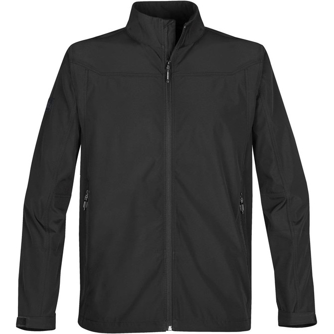 A black men's softshell jacket with a zip front and side pockets, featuring a logo on the sleeve.