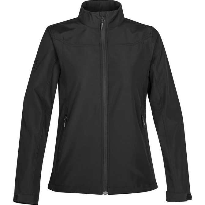 A black women's soft shell jacket with a zip front and side pockets, featuring a logo on the sleeve.