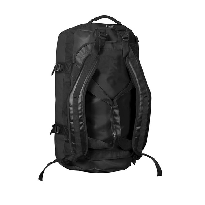 A medium duffle bag in black, featuring multiple straps and a sturdy design, with a logo on the exterior.