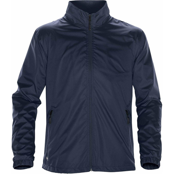A navy jacket with a zip front, high collar, and two side pockets. It features a logo on one side.
