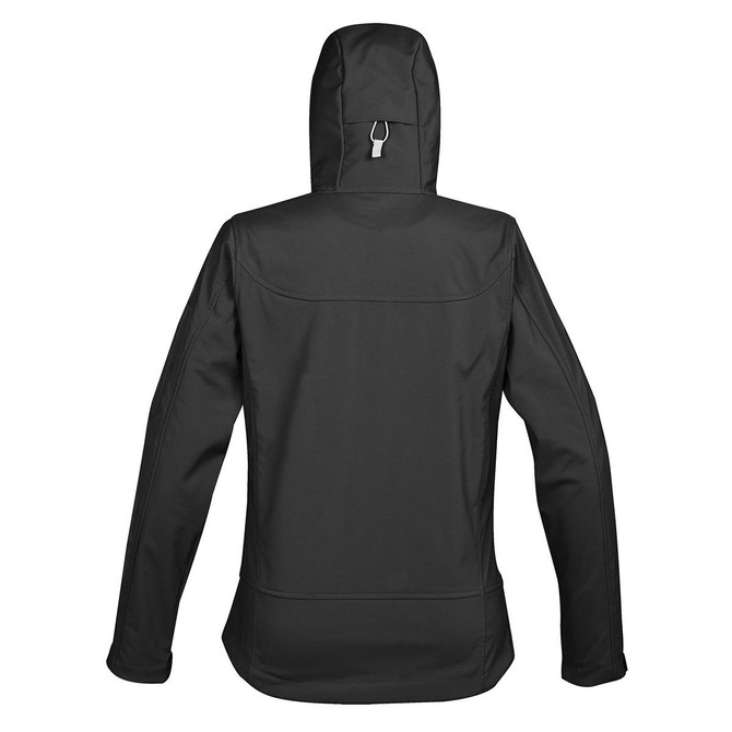 A black women's jacket with a hood and a logo on the back, featuring a fitted design and smooth fabric.