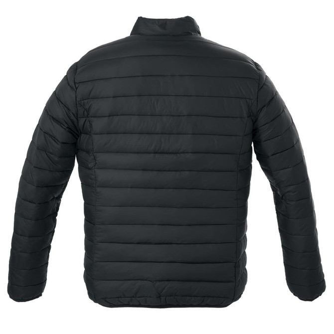 A black puffer jacket with a quilted design and a high collar, featuring a logo on the back.