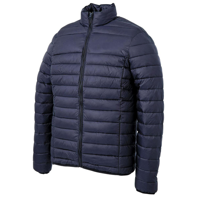 A navy blue puffer jacket with a zip front and a stand-up collar. It has a branding logo on the chest.