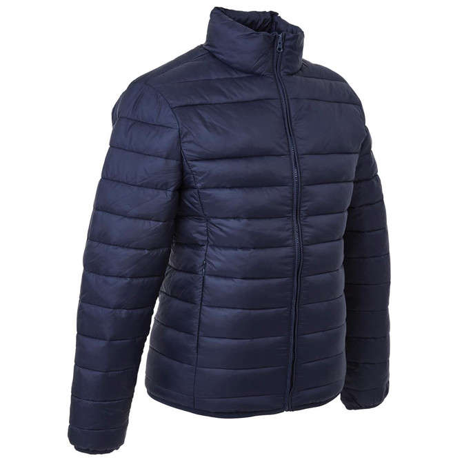 A navy puffer jacket with a zip front and high collar, featuring a branding logo on the design.
