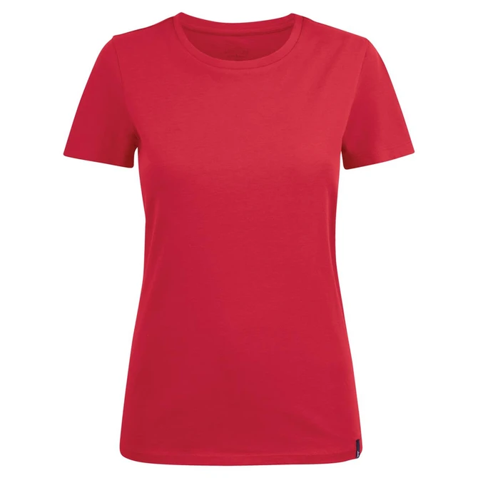 A red women's crew neck tee featuring short sleeves and a fitted design. It includes a logo detail.