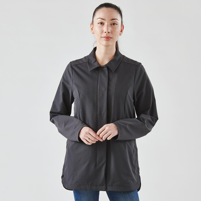 A women's jacket in dark grey with a collar and long sleeves, featuring a logo.