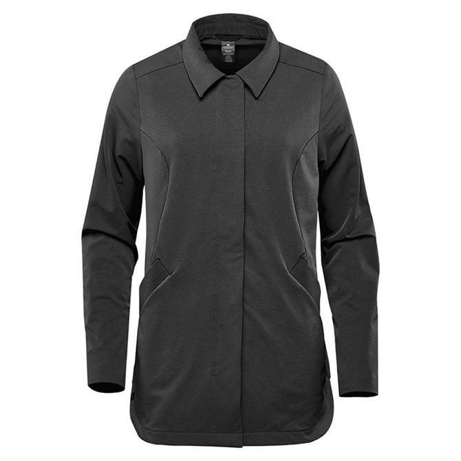 A women's jacket in black with a collared neckline and side pockets, featuring a branding logo.