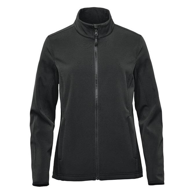 A women's soft shell jacket in dark green with a zip closure and high collar. It features a logo on the fabric.