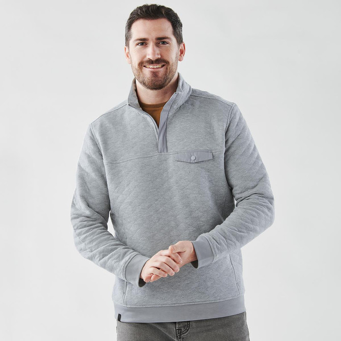 A grey Men's Montebello Thermal 1/4 Zip Pullover, featuring a chest pocket and a relaxed fit.