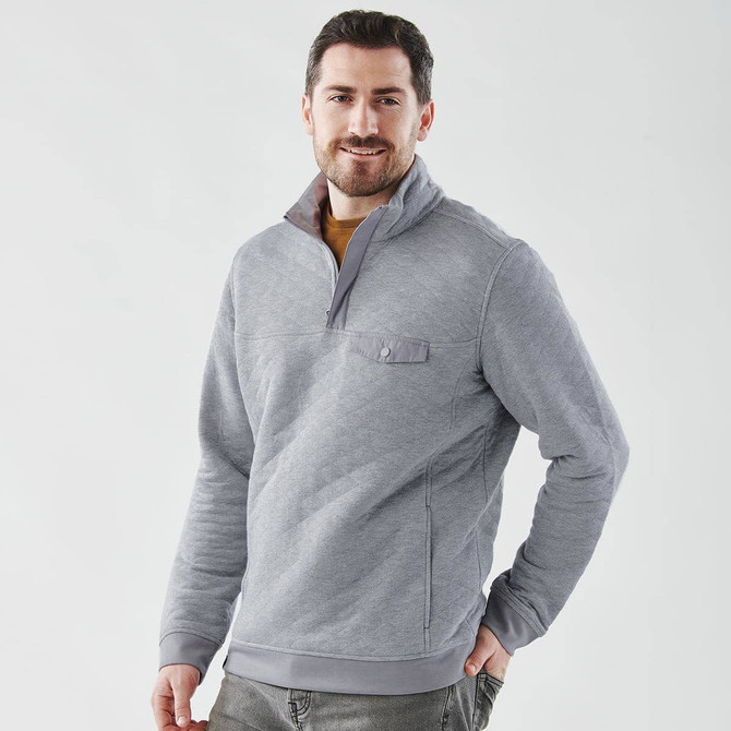 A grey thermal 1/4 zip pullover for men, featuring a pocket and a logo.