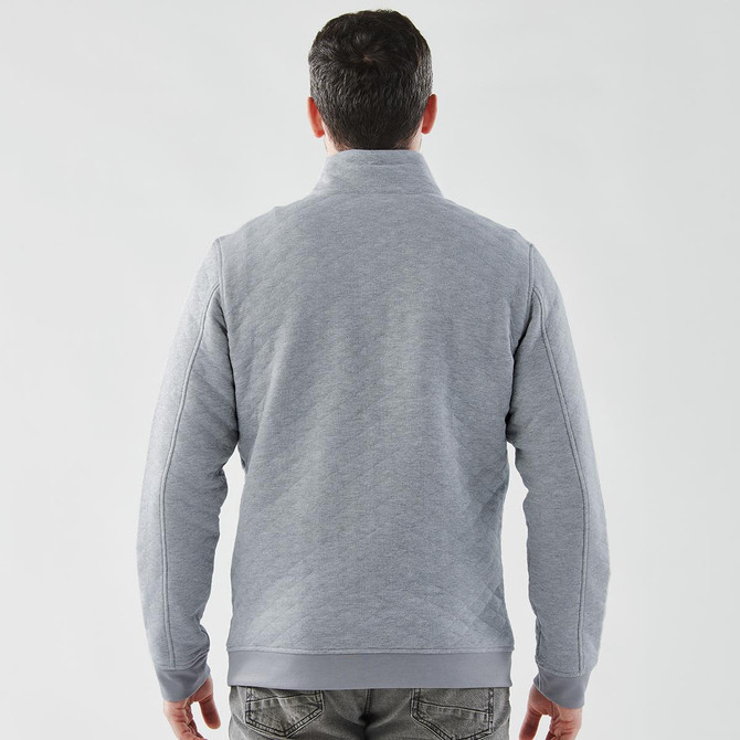 A grey men's thermal 1/4 zip pullover featuring a back view and a logo on the garment.