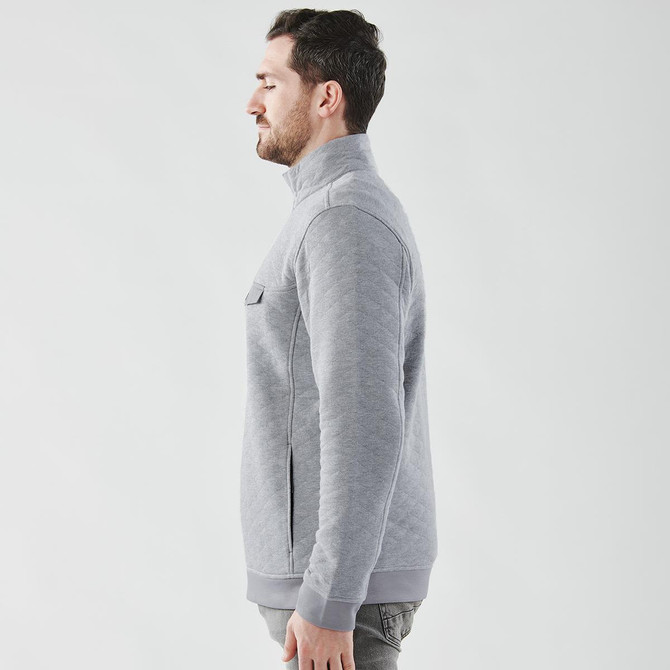 A grey thermal 1/4 zip pullover for men, featuring a standing collar and side pockets.