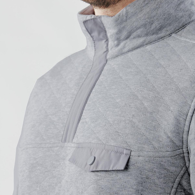 A grey men's thermal 1/4 zip pullover with a chest pocket and a soft, textured fabric. Features a logo on the chest.