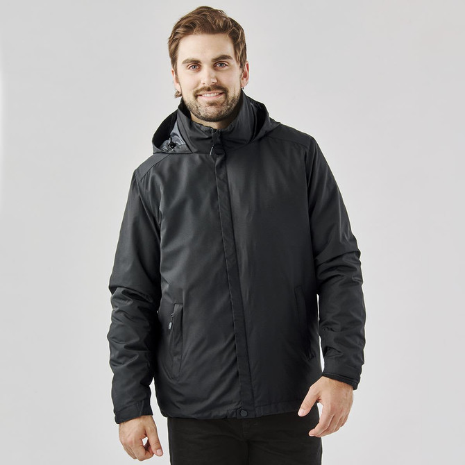 A black men's jacket with a hood, featuring a zip closure and a sleek design. Includes a logo on the sleeve.