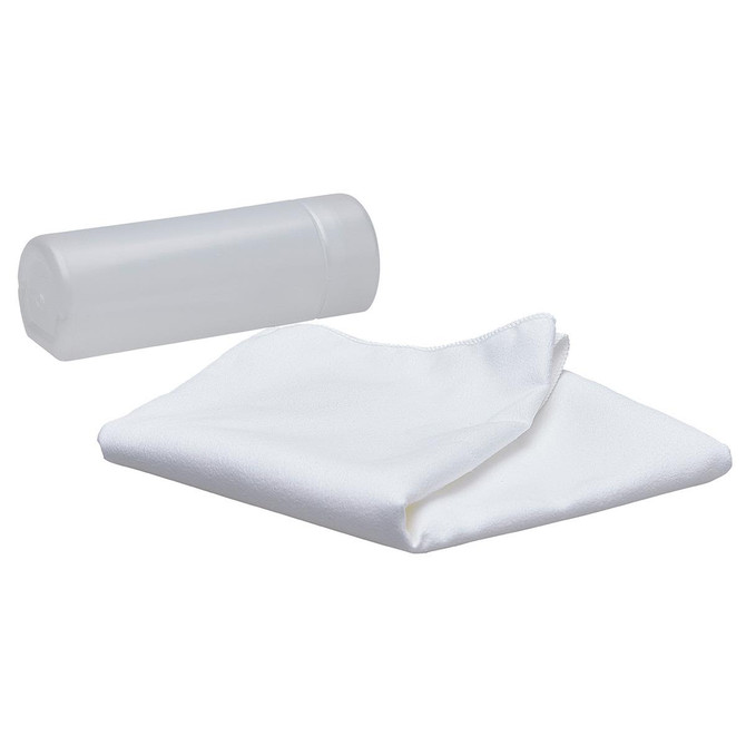 A white sports towel neatly folded next to a clear container, featuring a smooth design.