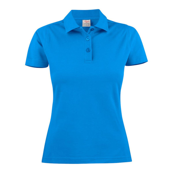 A women's cotton polo shirt in vibrant blue with a collar and three-button placket, featuring a logo.