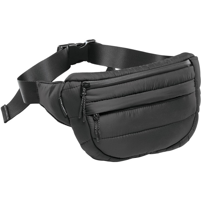 A black quilted waist bag with two zippered pockets and an adjustable strap. It features a branded logo.