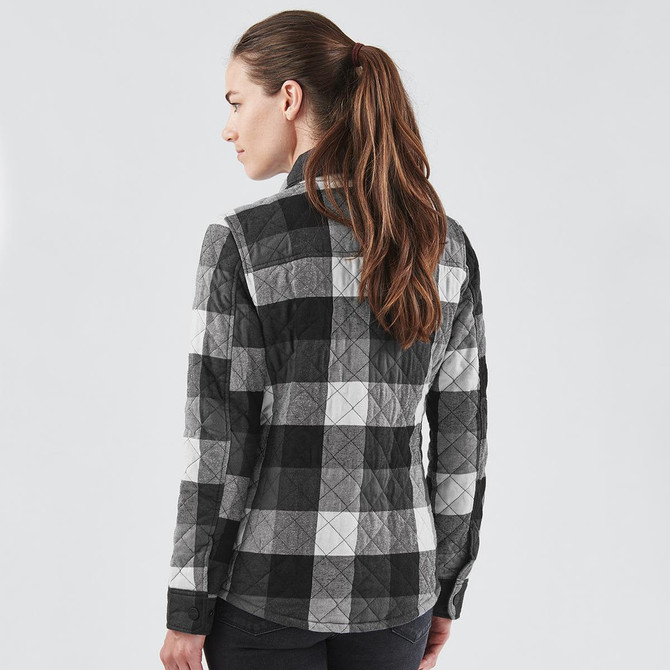A women's shacket in a black and grey checkered pattern, featuring a quilted design and a collar.
