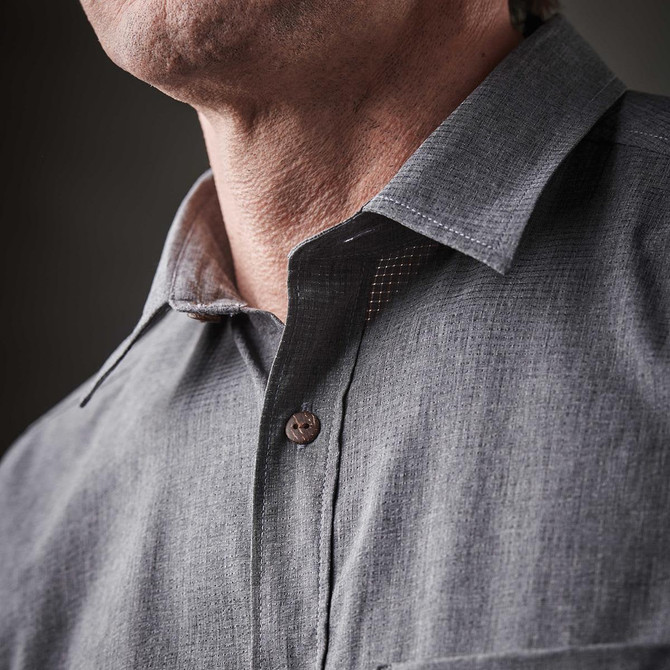 Men's Azores Quick Dry Shirt in grey with a button-up collar and a subtle logo on the chest pocket.