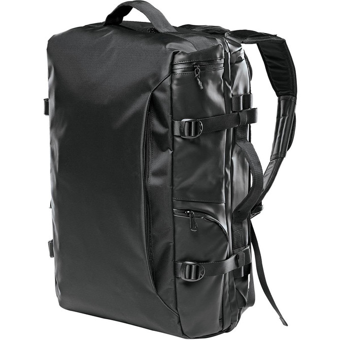 A black backpack with multiple compartments and straps, featuring a logo on the front.