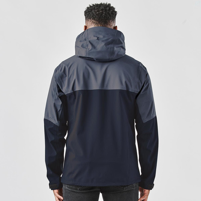 A men's rain jacket in navy blue, featuring a hood and a two-tone design, with a branding logo visible.