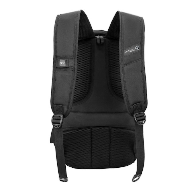 A black backpack with padded shoulder straps and mesh panels, featuring adjustable buckles and a logo.