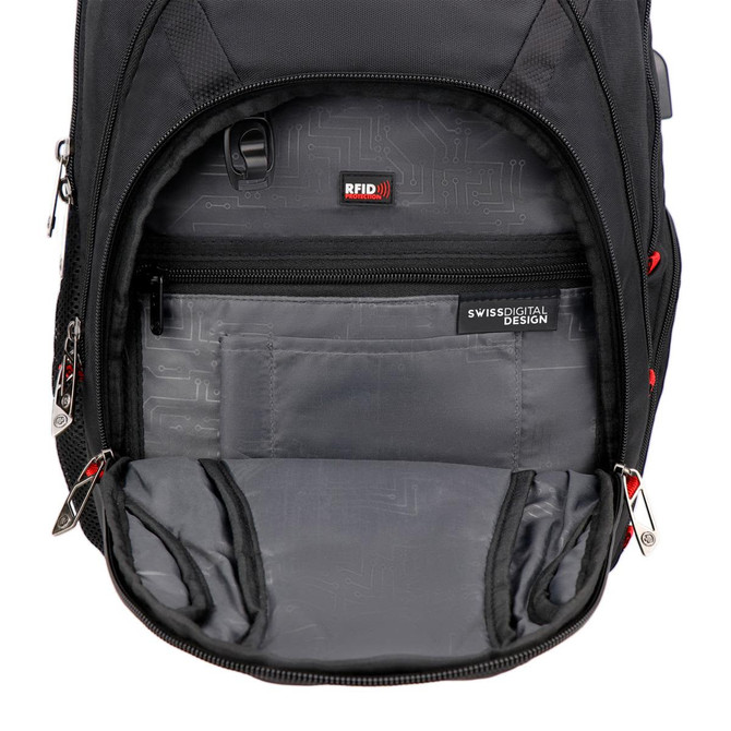 A black backpack interior featuring multiple compartments, including a zippered section and RFID protection.