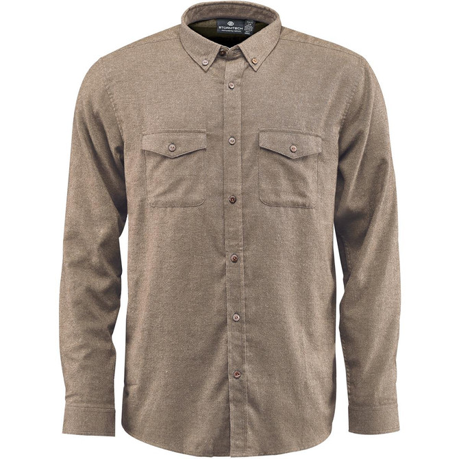 A brown long-sleeved button-up shirt with two chest pockets and a collar, featuring a logo on the inside.