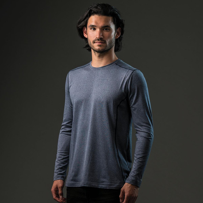 A long-sleeve men's T-shirt in a dark blue hue, featuring a minimalistic design and a branding logo.