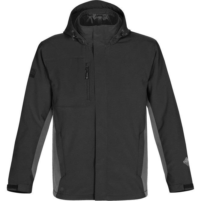 A black and grey men's jacket featuring a hood and multiple pockets, along with a logo.