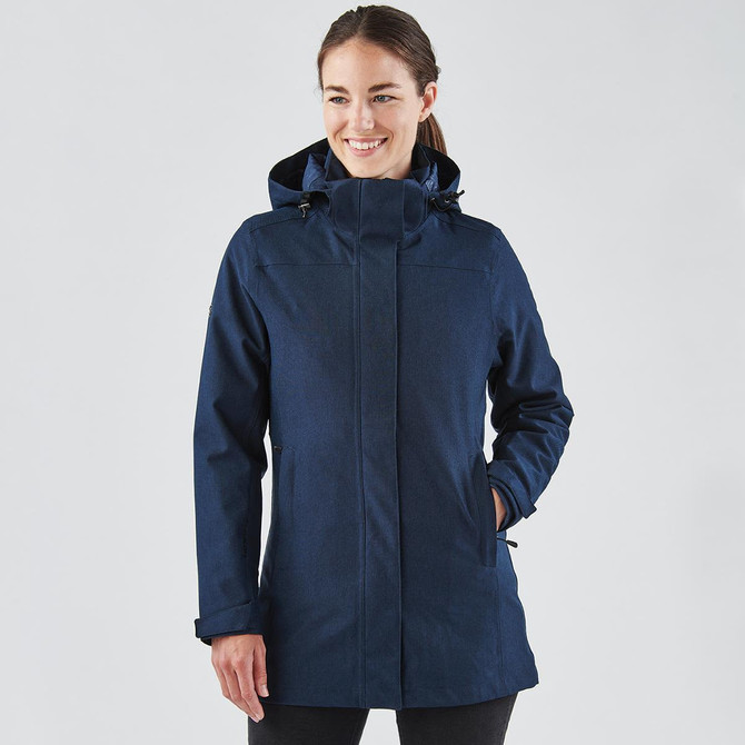 A navy blue women's jacket featuring a hood and adjustable elements, with a logo on the sleeve.