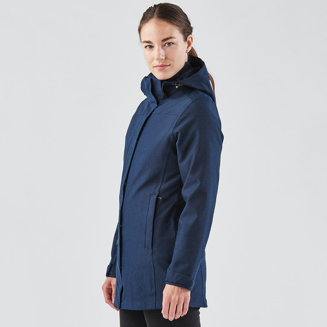 A navy women's jacket with a hood, featuring a zip front and side pockets, displayed on a model.