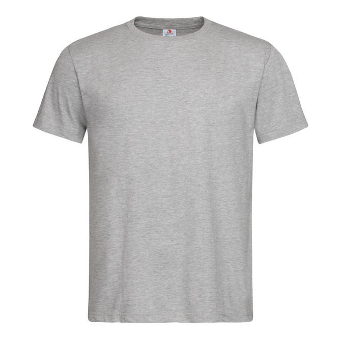 A grey men's classic organic T-shirt with a crew neckline and short sleeves. It features a logo on the label.