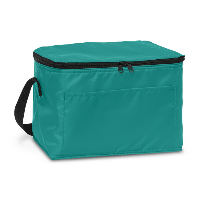 A teal insulated cooler bag with a zippered top and a side handle, featuring a front pocket.