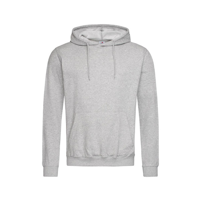 A grey men's hooded sweatshirt with a front pocket and a drawstring hood, featuring a logo on the chest.