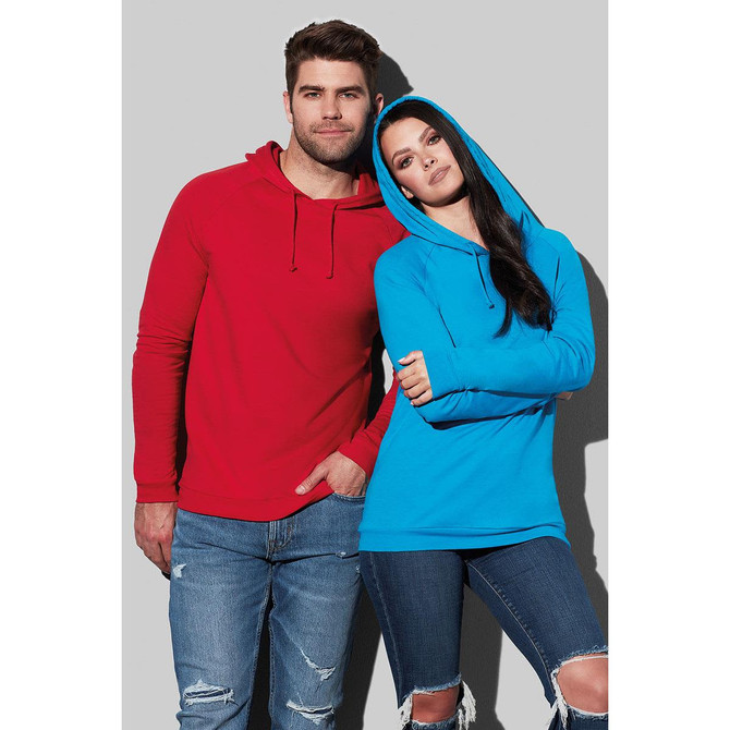 A red and a blue unisex hooded sweatshirt worn by a man and a woman, paired with denim jeans. The sweatshirts have hoods and a logo.