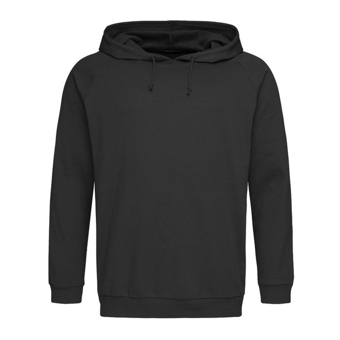 Unisex hooded sweatshirt in black featuring a large hood and front pocket. Includes a logo.
