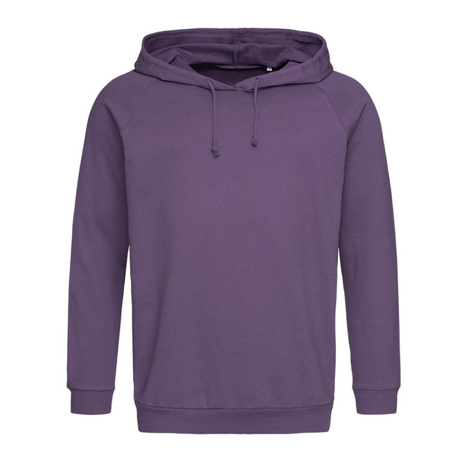 A unisex hooded sweatshirt in a rich purple colour, featuring a front pouch pocket and a logo on the front.