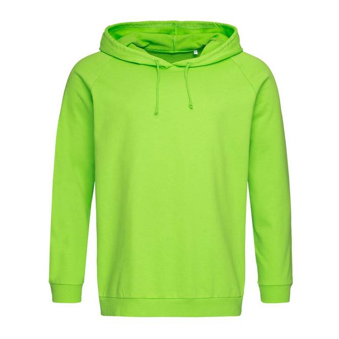 A bright green unisex hooded sweatshirt featuring a front pocket and a logo on the chest.