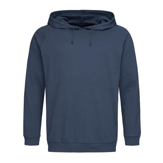 A unisex hooded sweatshirt in a solid navy blue, featuring a drawstring hood and a relaxed fit. Includes a logo.
