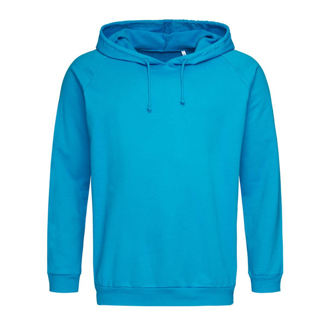 A turquoise unisex hooded sweatshirt featuring a drawstring hood and ribbed cuffs. It has a logo on the front.
