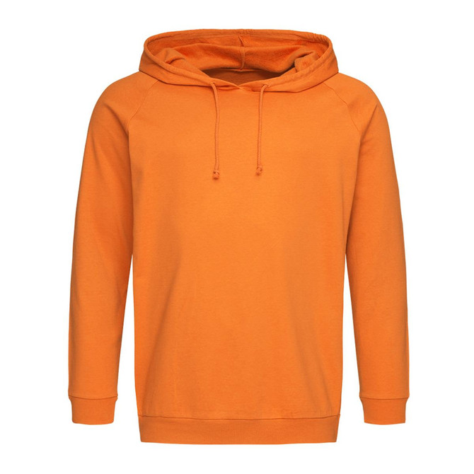 An orange unisex hooded sweatshirt with a front pouch and drawstring hood. Features a plain design without logos.