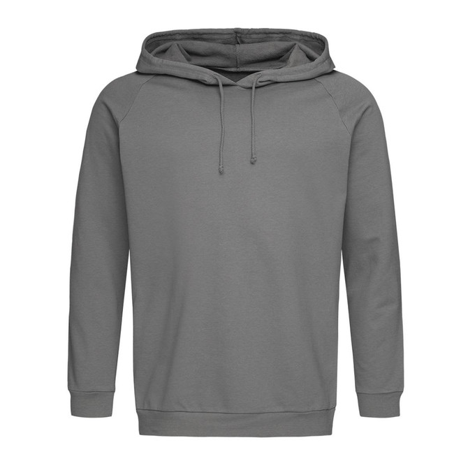 A unisex hooded sweatshirt in a grey colour with a kangaroo pocket and simple design featuring a logo.
