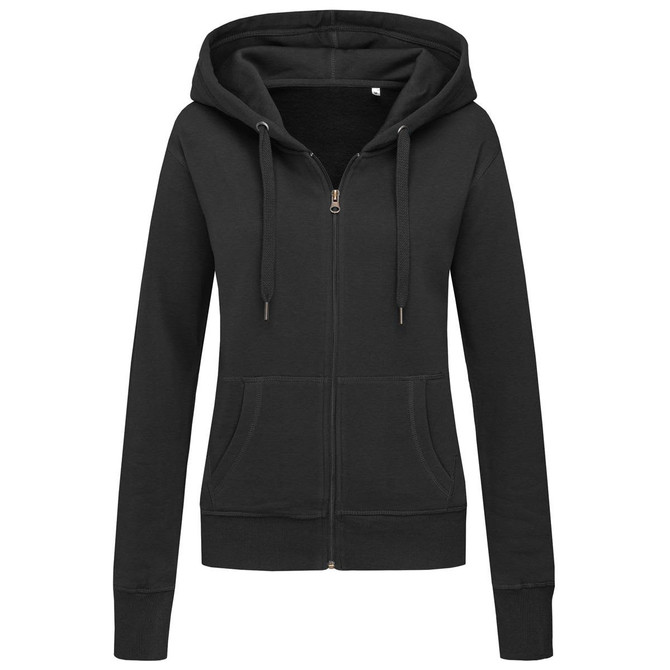 A women's active sweatjacket in black, featuring a hood, zip front, and front pockets. It has a logo on the side.