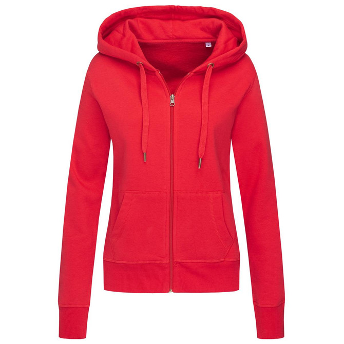 A red women's active sweatjacket with a zip front and a hood, featuring pockets and a logo.