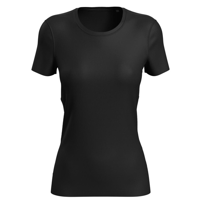 A black women's active sports T-shirt with a round neck and short sleeves. It features a logo on the design.