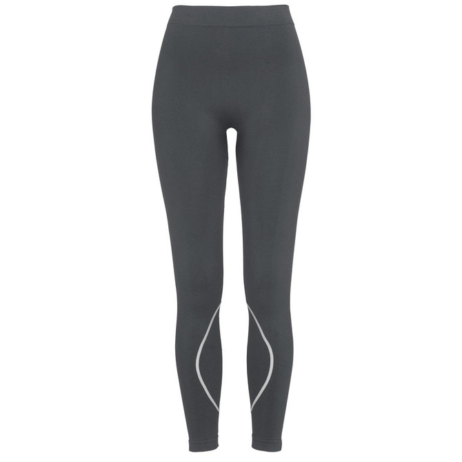 Women's active seamless pants in dark grey with a fitted design and decorative stitching. Features a logo.