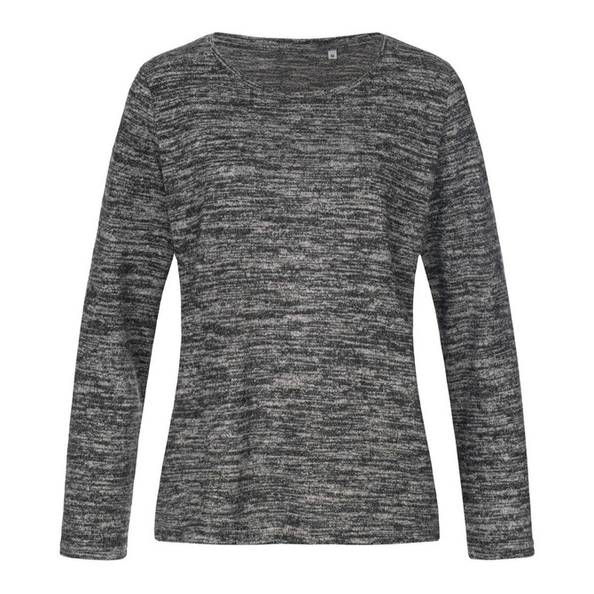 A grey and black women's knit sweater with a relaxed fit and long sleeves. It features a subtle textured pattern.