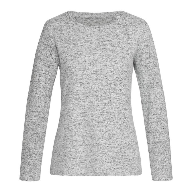 A women's grey knitted sweater with a round neckline and long sleeves. It features a subtle texture.
